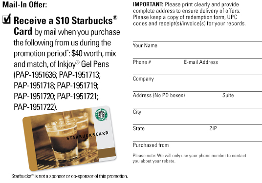 Starbucks Mail-in Reward Form